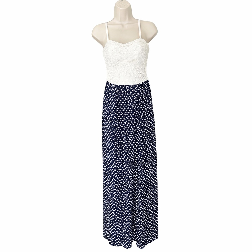 Candie’s Lace Bodice Navy Floral Maxi Dress Size XS Adjustable Spaghetti Strap